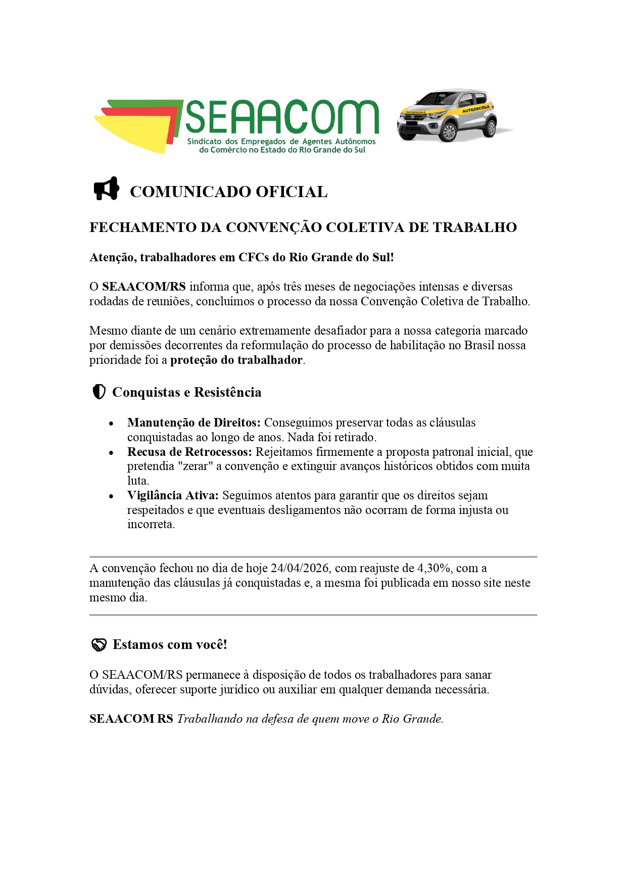 COMUNICADO AOS TRABALHADORES EM CFCs