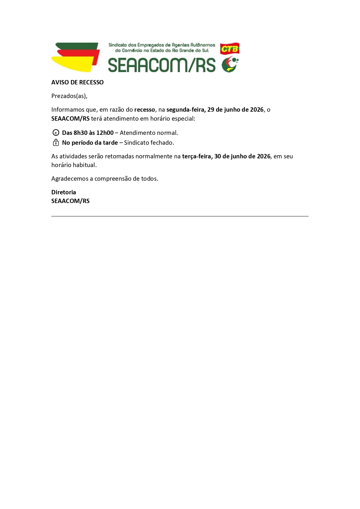 26/06/2026 - AVISO DE RECESSO